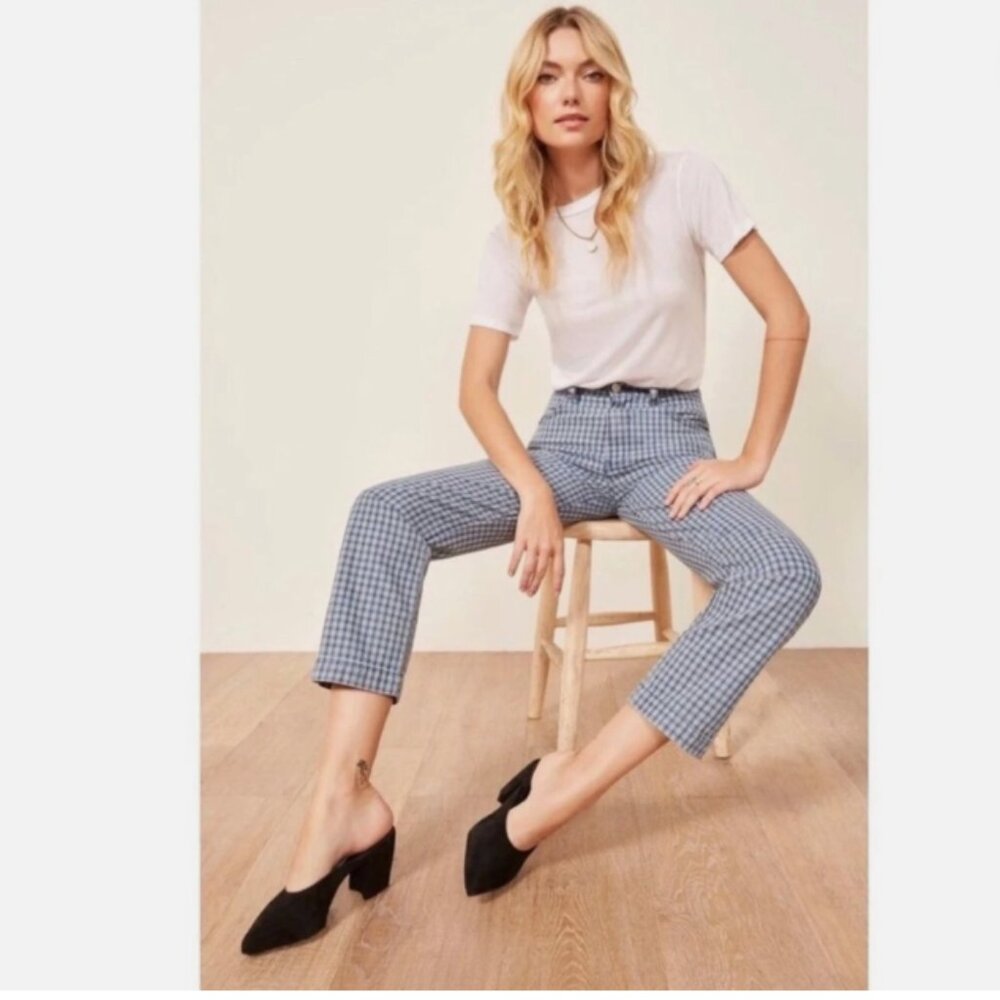 Reformation Roper Crop Straight Jeans in Blue Valley Plaid Size 26